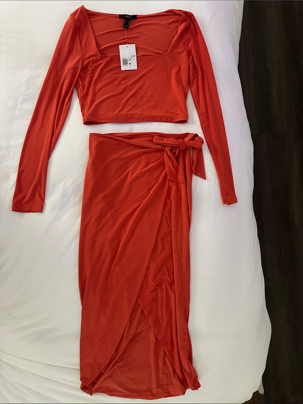 Forever 21 Orange Wrap Midi Skirt Set with Tie Waist